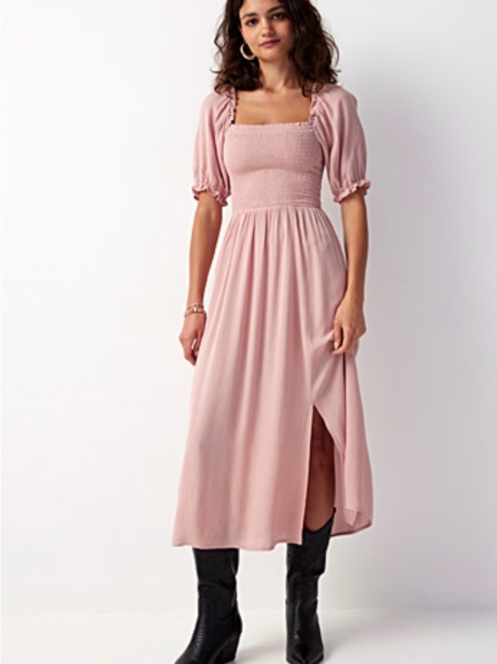 Twik (simons) puffed sleeve smocked midi dress pink size small